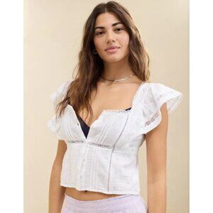 Aerie Button Front Ruffle Sleeve Top in White NEW